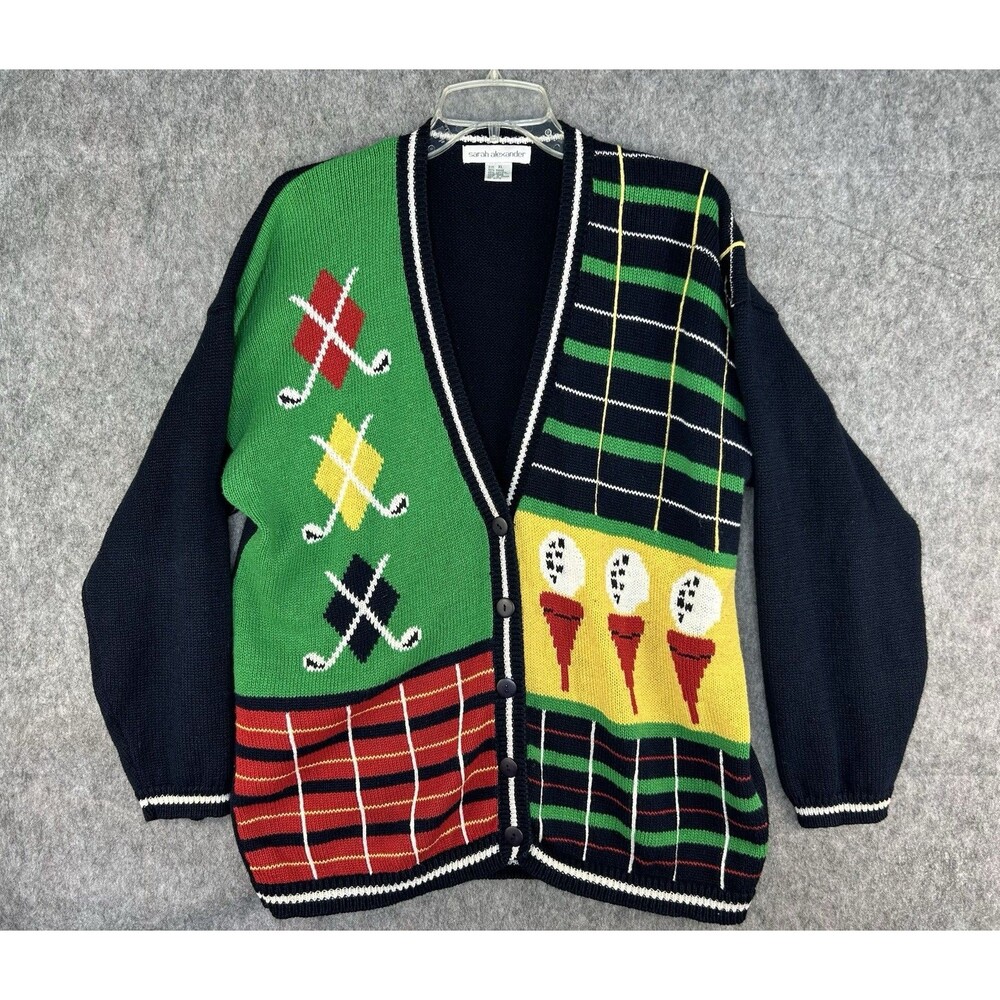 VTG Sarah Alexander Golf Cardigan Sweater Women's XL Novelty Plaid Preppy